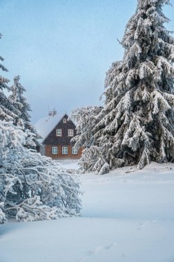 Dağlarda sabah kar yağışı. Kışın kır evi, Orlicke hory, Çek Cumhuriyeti