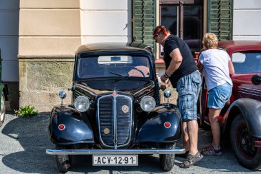 Kvasiny, Czech republic - July 9 2024: Public exhibition of classic cars. 1938 Tatra T-57 (Hadimrska). vintage European cars collection. clipart