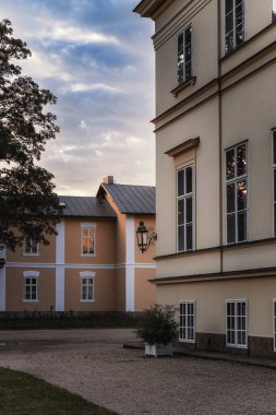 Kostelec nad Orlici - Novy zamek (Yeni Kale), kale 1829-1833 yılları arasında Çek Cumhuriyeti 'nde inşa edilmiştir. Eyalet kalesinde güneşli bir bahar günü. Çiçek açan.