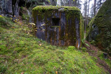 Terk edilmiş sığınak (Ropik N2-45-E) ormanın derinliklerinde kayaların arasında gizlidir. Çekoslovak kalesi. Çek Cumhuriyeti yakınlarında - Almanya sınırı.