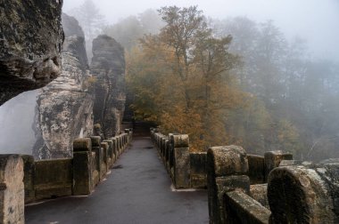 Awesome Autumn Landscape. Amazing misty Morning in Saxon Switzerland National Park near Dresden at the Elbe river. Unsurpassed sunrise in the mountains Saxon Switzerland. Exciting nature scene clipart