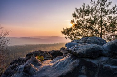 Saxon İsviçre 'deki Gohrisch' in sonbahar gündoğumu sırasında görüntüsü, Almanya