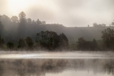 Kırsal bir göletin üzerinde yoğun sonbahar sisi.