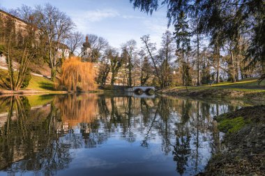 Opocno Kalesi 'nin oraya park et. Opocno şatosu, eski bir aristokrat konutundan oluşan karmaşık bir binadır. Dış atari salonları, Çek Cumhuriyeti 'nin Rönesans mimarisinin değerli bir örneğidir.