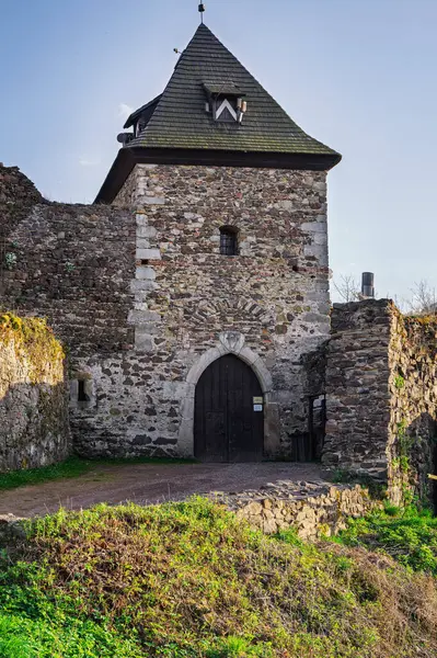 Ortaçağ kalesi Potstejn ormandaki bir tepede. Çek Cumhuriyeti. Bahar batımı. 