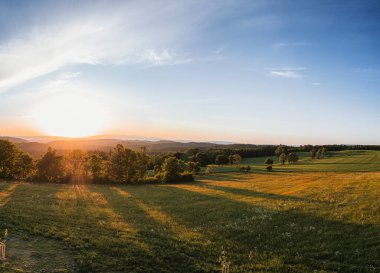 Güzel bir günbatımı gökyüzü altında ısırgan ve taze biçilmiş çayır ile renkli tarım manzara