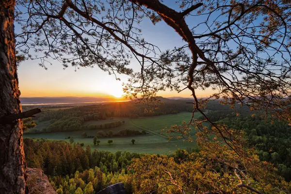 Pfaffenstein masa tepesi dağ, kumtaşı uçurumundan Saksonya İsviçre 'nin derin sisli vadisine güzel bir sabah manzarası. Kum taşı zirveleri sisli Almanya 'dan yükseldi.