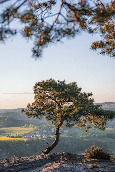 Günbatımı, Lilienstein 'da görüldüğü gibi Sakson İsviçre' nin verimli bahar manzarasına ılık bir ışıltı yayar. Tarlalar ve ormanlar genişliyor, dingin ve görkemli bir zemin oluşturuyor..