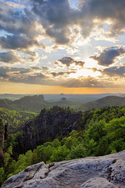 View from Carolafelsen towards Schrammsteine sandstone massif,  in Saxon Switzerland, Deutschland