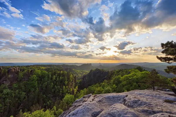 View from Carolafelsen towards Schrammsteine sandstone massif,  in Saxon Switzerland, Deutschland