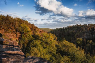View from Carolafelsen towards Schrammsteine sandstone massif,  in Saxon Switzerland, Deutschland