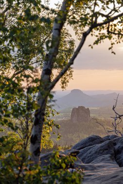 View from Carolafelsen towards Schrammsteine sandstone massif,  in Saxon Switzerland, Deutschland