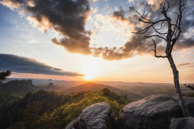 View from Carolafelsen towards Schrammsteine sandstone massif,  in Saxon Switzerland, Deutschland