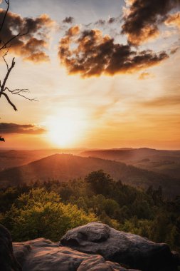 View from Carolafelsen towards Schrammsteine sandstone massif,  in Saxon Switzerland, Deutschland