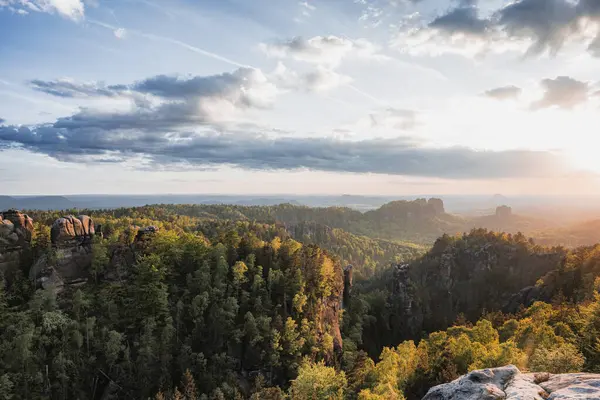 View from Carolafelsen towards Schrammsteine sandstone massif,  in Saxon Switzerland, Deutschland