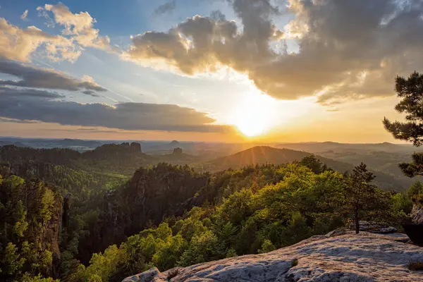 View from Carolafelsen towards Schrammsteine sandstone massif,  in Saxon Switzerland, Deutschland