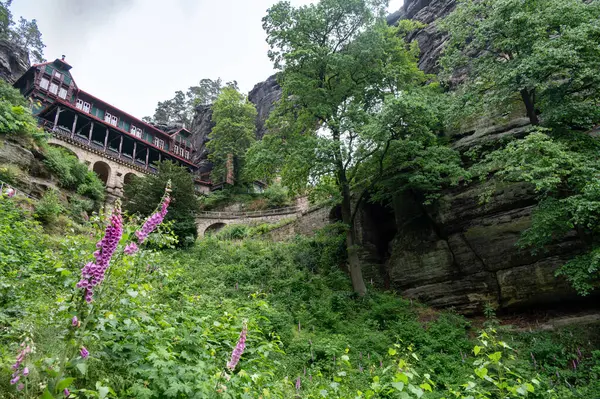 İsviçre 'nin Bohemian Ulusal Parkı' ndaki Pravcicka Kapısı 'na yürüyüş. Avrupa 'nın en büyük doğal kemeri. Yaz yağmurlu günü. 