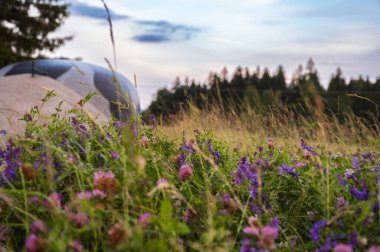 Çekoslovak tahkimatı alanı, Hanicka topçu kalesi yakınlarındaki RRS 74 Na Holem yatağı, Rokytnice v Orlickych horach, Çek Cumhuriyeti. Yaz gün batımı.