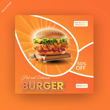 3d Restoran Burger Food Sosyal Medya postası veya web afişi şablon tasarımı. Burger sosyal medya vektör illüstrasyonuName