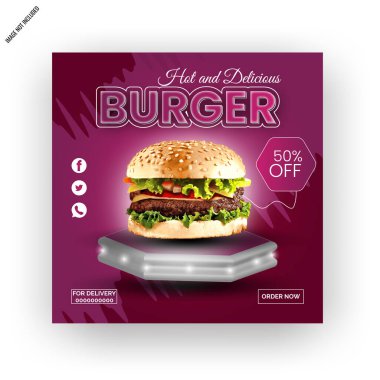 3d Restoran Burger Food Sosyal Medya postası veya web afişi şablon tasarımı. Burger sosyal medya vektör illüstrasyonuName