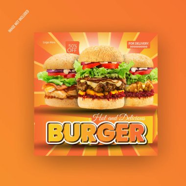 3d Restoran Burger Food Sosyal Medya postası veya web afişi şablon tasarımı. Burger sosyal medya vektör illüstrasyonuName