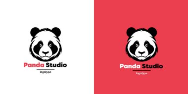 Kırmızı ve beyaz arka planda panda vektör logosu çizimi. Pandanın baş logosu. Sevimli hayvan yüzlü işaret şablonu