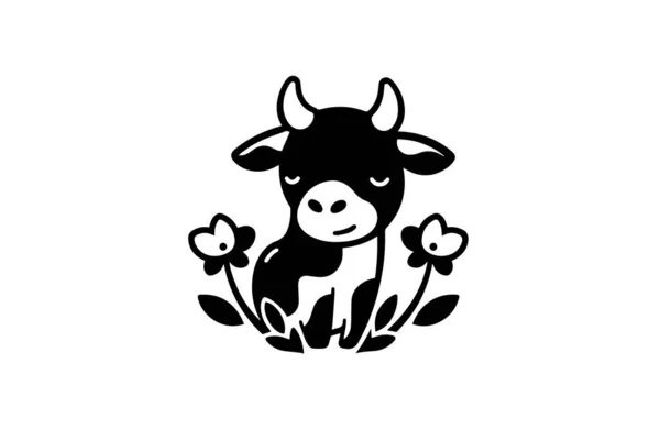 Minimalistický Silueta Inkoust Kráva Květina Logotyp Štítek Nebo Emblém Design — Stockový vektor