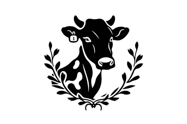 Minimalistický Inkoust Silueta Kráva Větve Logotyp Nebo Emblém Design Izolované — Stockový vektor