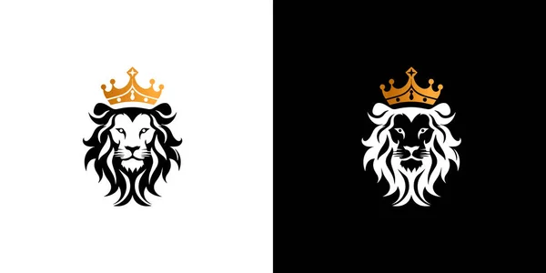 王冠上有金冠的狮子 优雅的黑色狮子座动物的标志类型 高档品牌身份图标 矢量图解设计模板 — 图库矢量图片