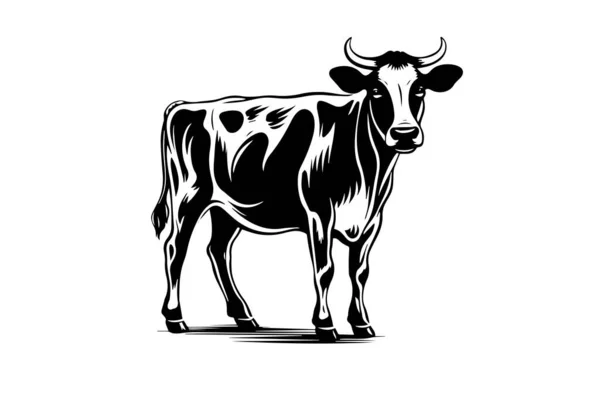牛のロゴタイプ手描きインクスケッチ 彫刻スタイルベクトルイラスト — ストックベクタ