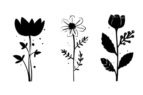 Набір Ліно Розрізав Гранжеву Марку Квіткового Чорнила Пакет Попередніх Елементів — стоковий вектор