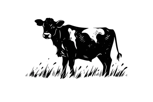 Svart Gräset Silhuett För Köttindustrin Eller Jordbrukare Marknaden Handritad Stämpel — Stock vektor