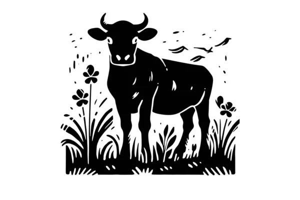 肉産業や農家市場のための草のシルエット上の黒い牛 手描きスタンプ効果ベクターイラスト — ストックベクタ