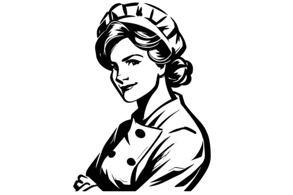 Χειροποίητο Σκίτσο Μελανιού Γυναικείου Φούρναρη Μάγειρα Σχεδιασμός Λογότυπου Εικονιδίου Διαφήμισης — Διανυσματικό Αρχείο