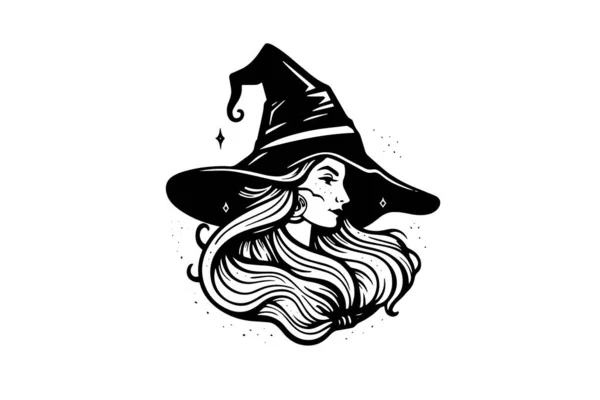 Noita Halloween Nainen Käsin Piirretty Muste Luonnos Kaiverrus Tyyli Vektori — vektorikuva