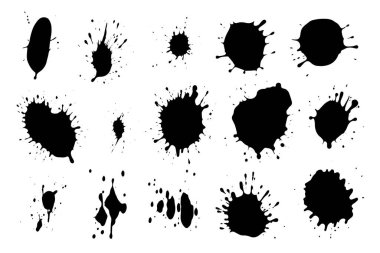 Grunge ink black paint splotch. Splash of paints, spray drops staining and frame with wet paint drop vector set clipart