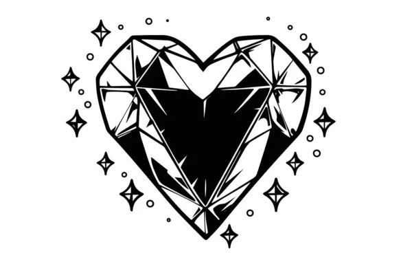 ハート型ダイヤモンド手描きインクスケッチ 刻まれたヴィンテージスタイルのベクターイラスト — ストックベクタ