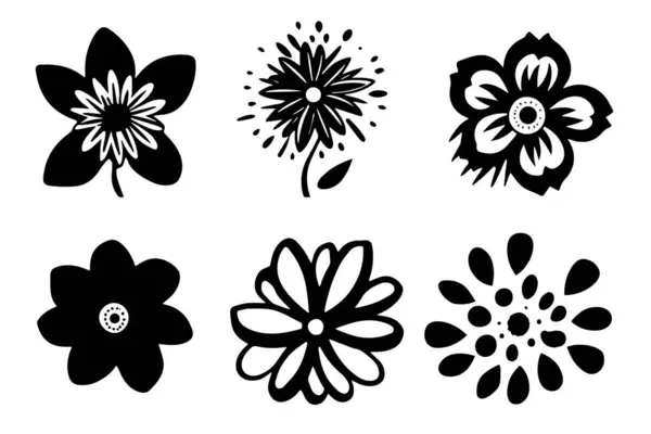 Satz Lino Cut Grunge Blume Stempel Packung Mit Zeitgenössischen Texturelementen — Stockvektor