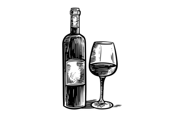 Botella Vino Copa Grabado Dibujado Mano Boceto Estilo Vector Ilustraciones — Vector de stock