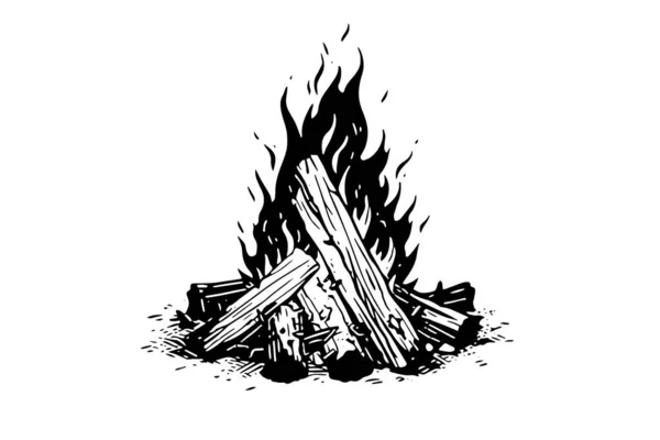 Hoguera Camping Dibujada Mano Ilustración Vectorial Del Fuego Estilo Grabado — Vector de stock