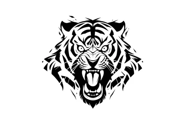 Tiger Mascot Sport Tattoo Design Black White Vector Illustration Logotype — Stock Vector