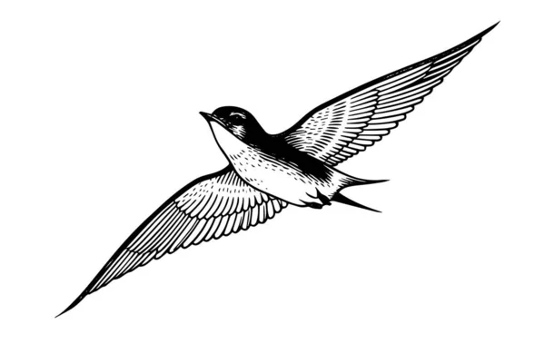 飞燕子的水墨画 手绘雕刻风格矢量插图 — 图库矢量图片
