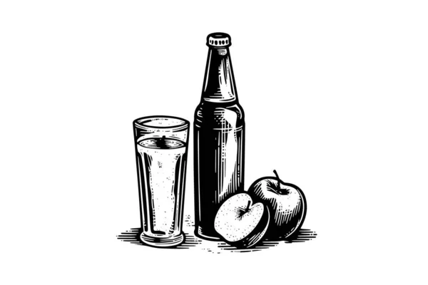 Soda Şişesi Cam Elma Şarabının Mürekkep Çizimi Beyaz Arka Planda — Stok Vektör