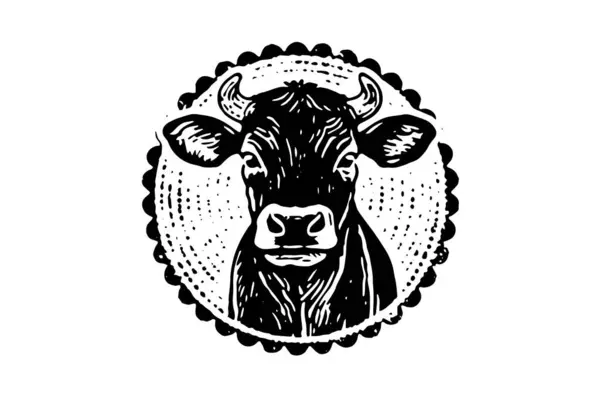 肉産業または農家市場のための黒い牛ヘッドのロゴタイプ 手描きスタンプ効果ベクターのイラスト — ストックベクタ