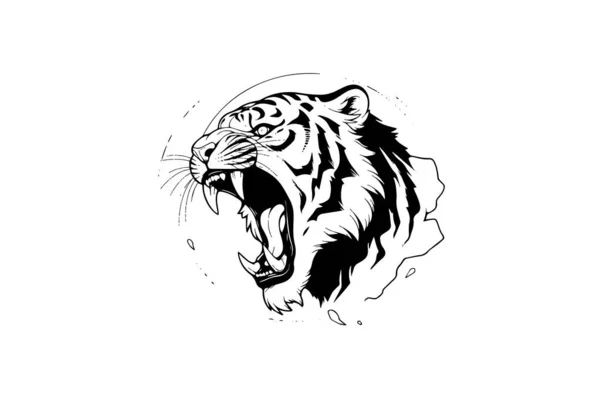 Tiger Mascot Sport Tattoo Design Black White Vector Illustration Logotype — Stock Vector