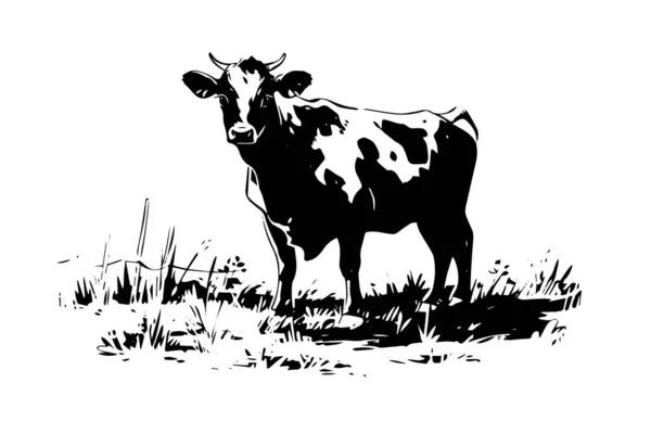 Czarna Krowa Sylwetce Trawy Dla Przemysłu Mięsnego Lub Rolnicy Rynek — Wektor stockowy