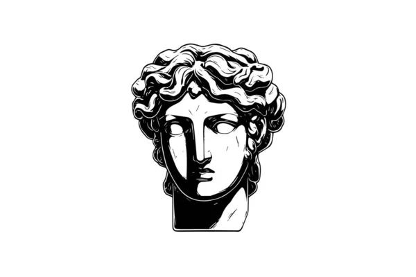 Antieke Standbeeld Hoofd Van Griekse Sculptuur Schets Graveren Stijl Vector — Stockvector