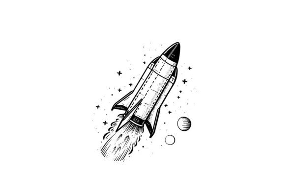 Blowing Ruimte Raket Schets Graveren Stijl Vector Illustratie — Stockvector