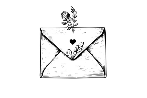 Enveloppe Avec Croquis Encre Dessiné Main Avec Coeur Fleur Gravure — Image vectorielle