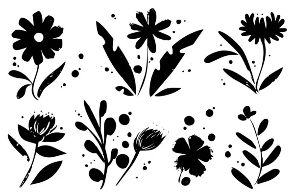 Ensemble Timbre Encre Fleur Grunge Coupé Lino Lot Éléments Texture — Image vectorielle